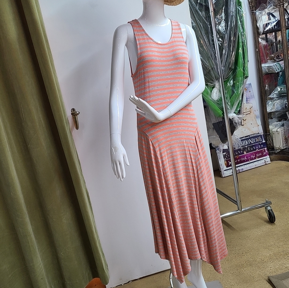 APT 9 Shark Bite Hem Sleeveless Striped Stretch Coral Heather Midi Dress Size S